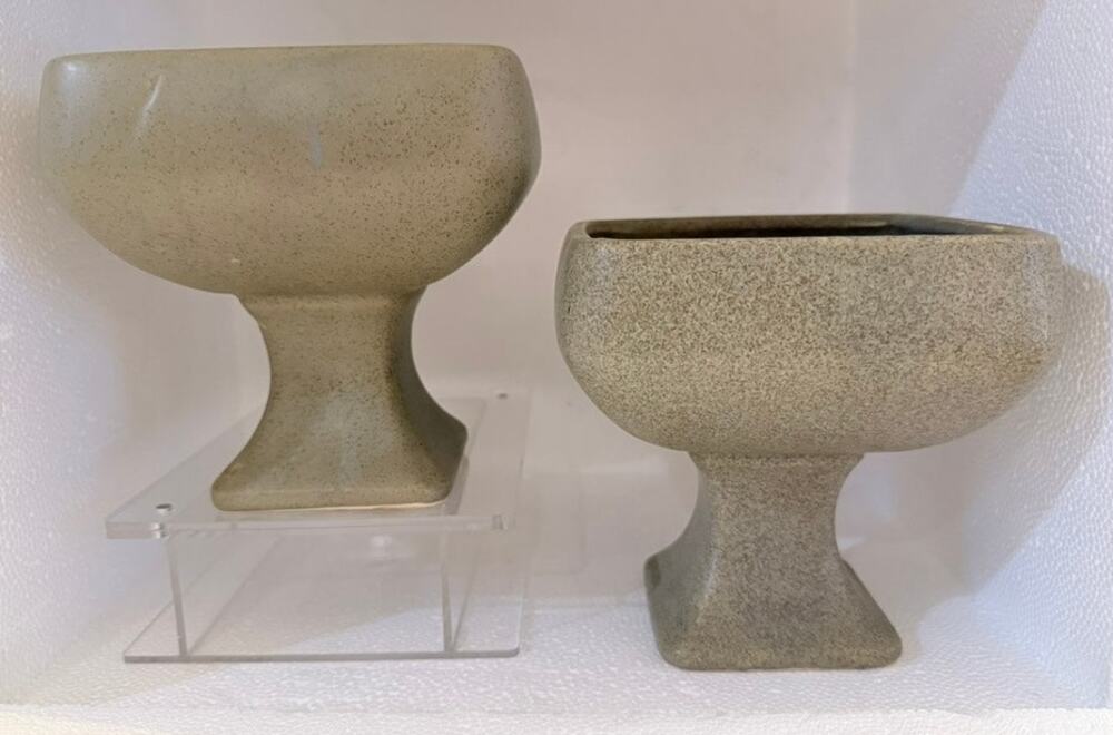 Vtg 60s Haeger Floraline Pedestal Footed Planters Vase Set 2 Green Speckle Matte